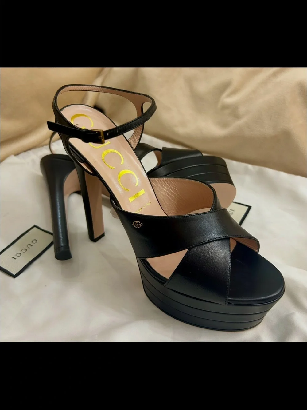 Gucci Black Leather Platform Sandals with Ankle Strap
